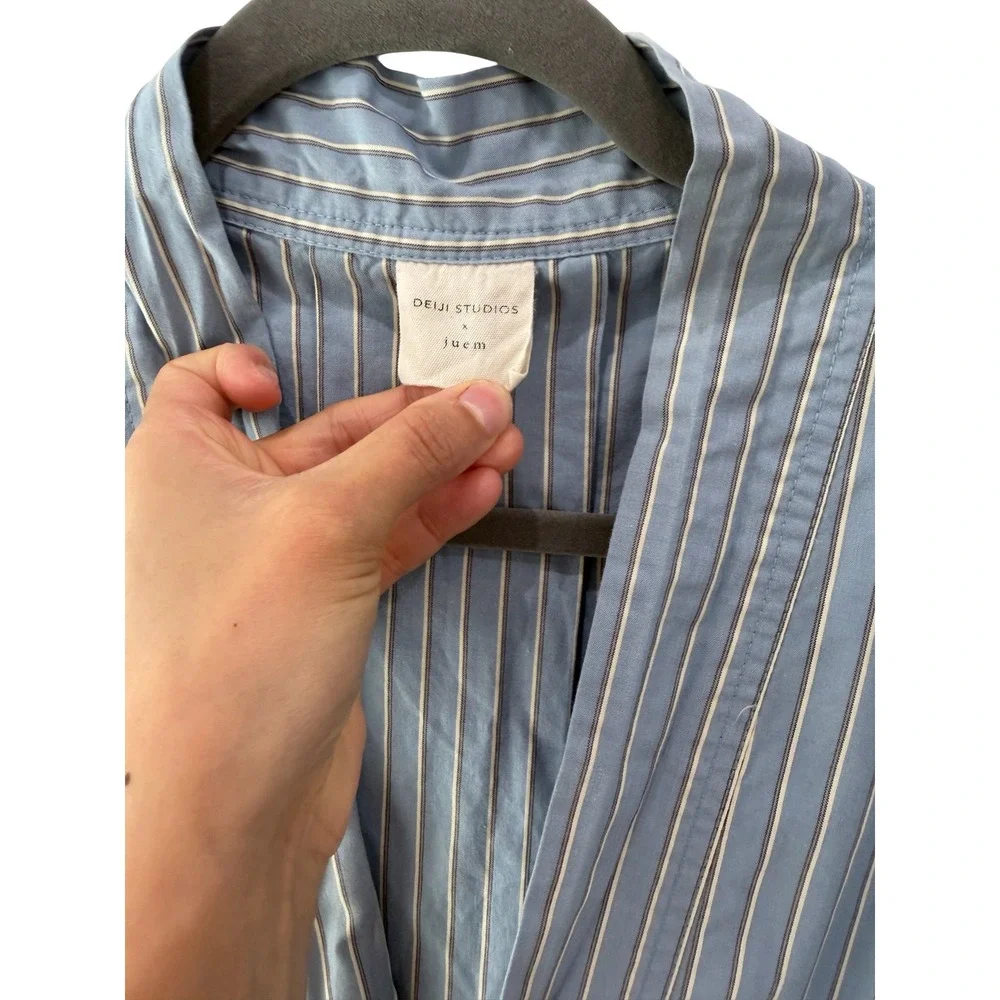 Deiji Studios x Juem Blue Striped Cotton Robe Long Sleeve Loungewear OS